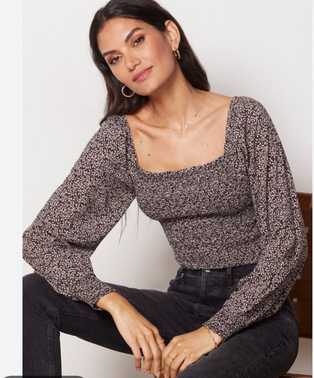 Faherty Women's Leaf Batik Cropped BEATRICE Smocked Top, Size XL